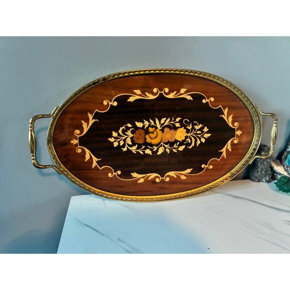 Vintage Marjorita Isola di Capri Inlaid Wood Serving Tray w/ Brass Handles - Picture 1 of 7